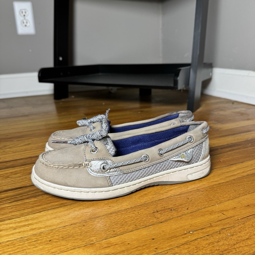 Sperry Angelfish Boat Shoe Silver Grey Metallic Leather Flats 9266040 Womens 5.5